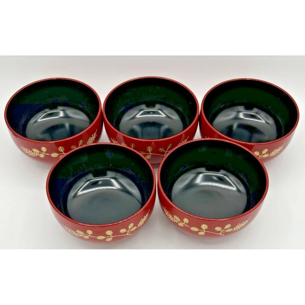 Vintage Japanese‎ Lacquered Bowls Red Painted Set of 5 U133
